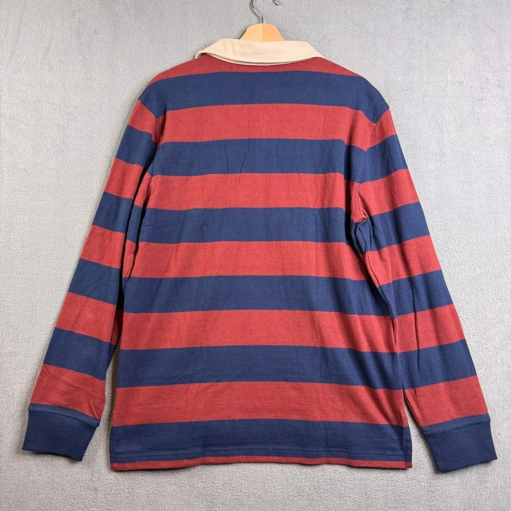 Eddie Bauer Mens‎ Rugby Shirt Medium Red Navy Blue Striped Long Sleeve Cotton